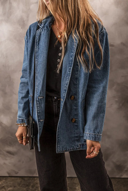 Sail Blue Side Pockets Lapel Collar Denim Jacket - Chic Meadow Boutique 