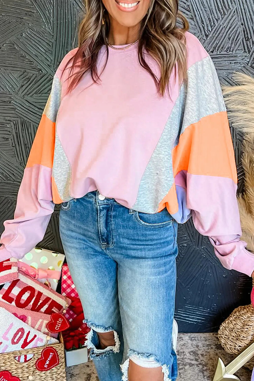 Light Pink Color Block Batwing Sleeve Loose Fit Sweatshirt - Chic Meadow Boutique 