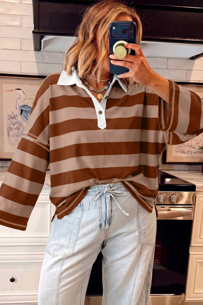 Brown Stripe Contrast Polo Collar Bracelet Sleeve Loose Top