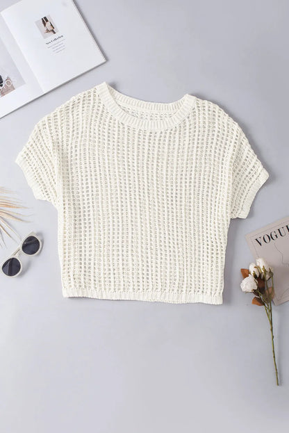 Whit Fishnet Knit Ribbed Round Neck Short Sleeve Sweater Tee - Chic Meadow Boutique 