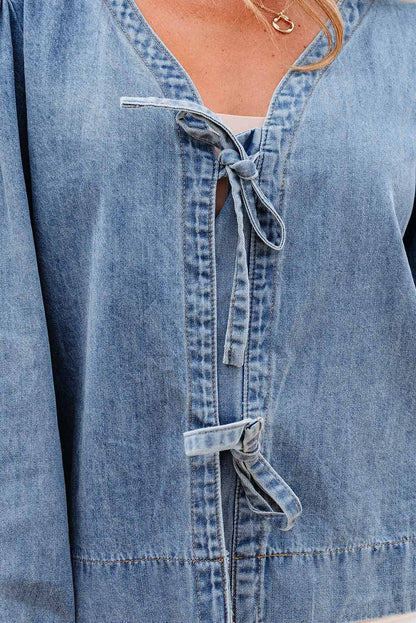 Dusk Blue Tied Front Long Puff Sleeve Denim Top