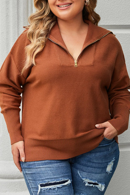 Brown Solid Ribbed Trim Plus Size Zip Collar Sweater - Chic Meadow Boutique 