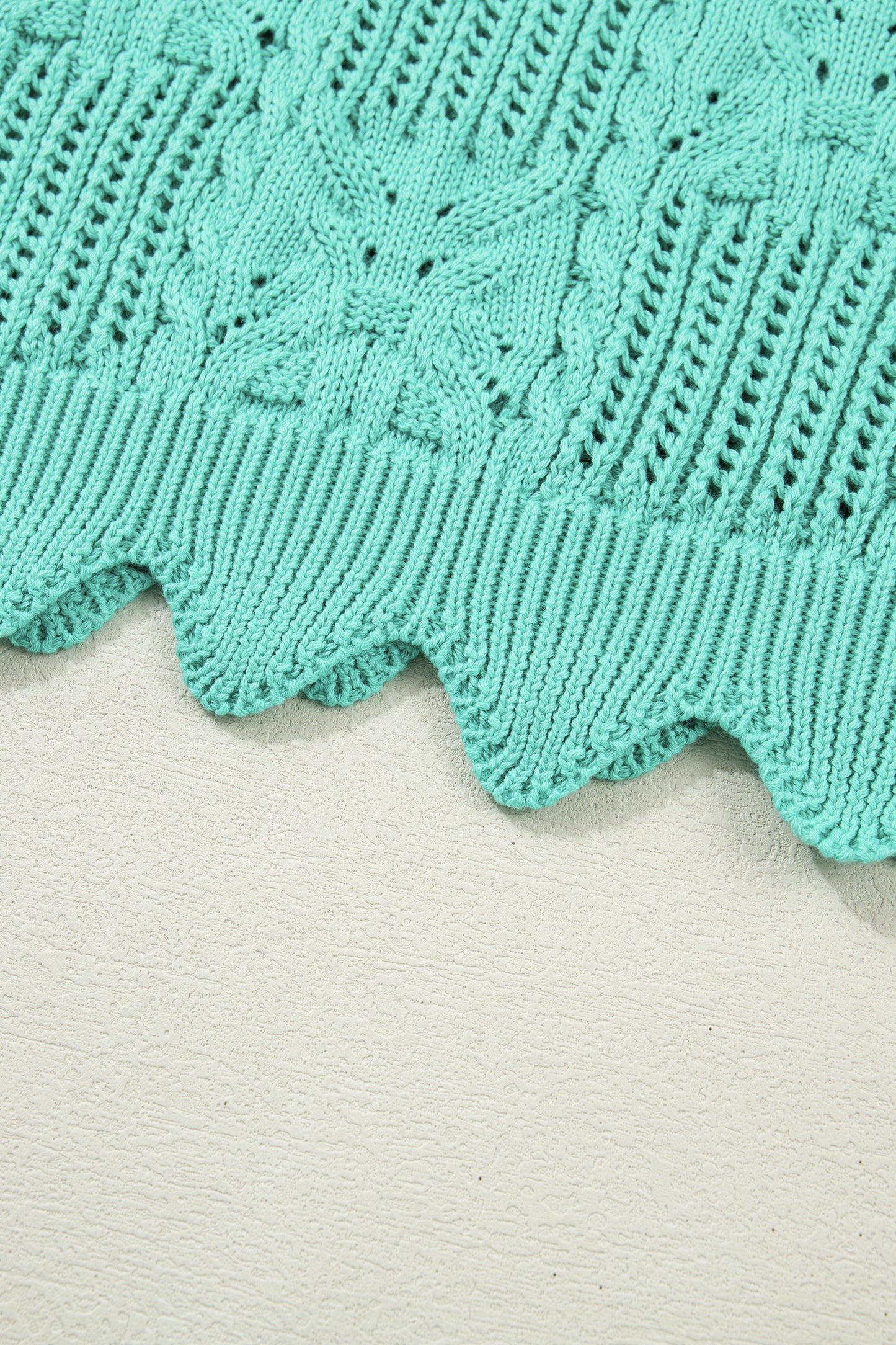 Mint Green Pointelle Knit Patterned Scalloped Trim Short Sleeve Sweater