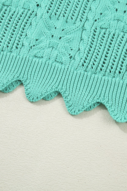 Mint Green Pointelle Knit Patterned Scalloped Trim Short Sleeve Sweater