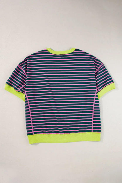 Tops/Tops & Tees Green Contrast Trim Exposed Seam High Low Stripe T Shirt