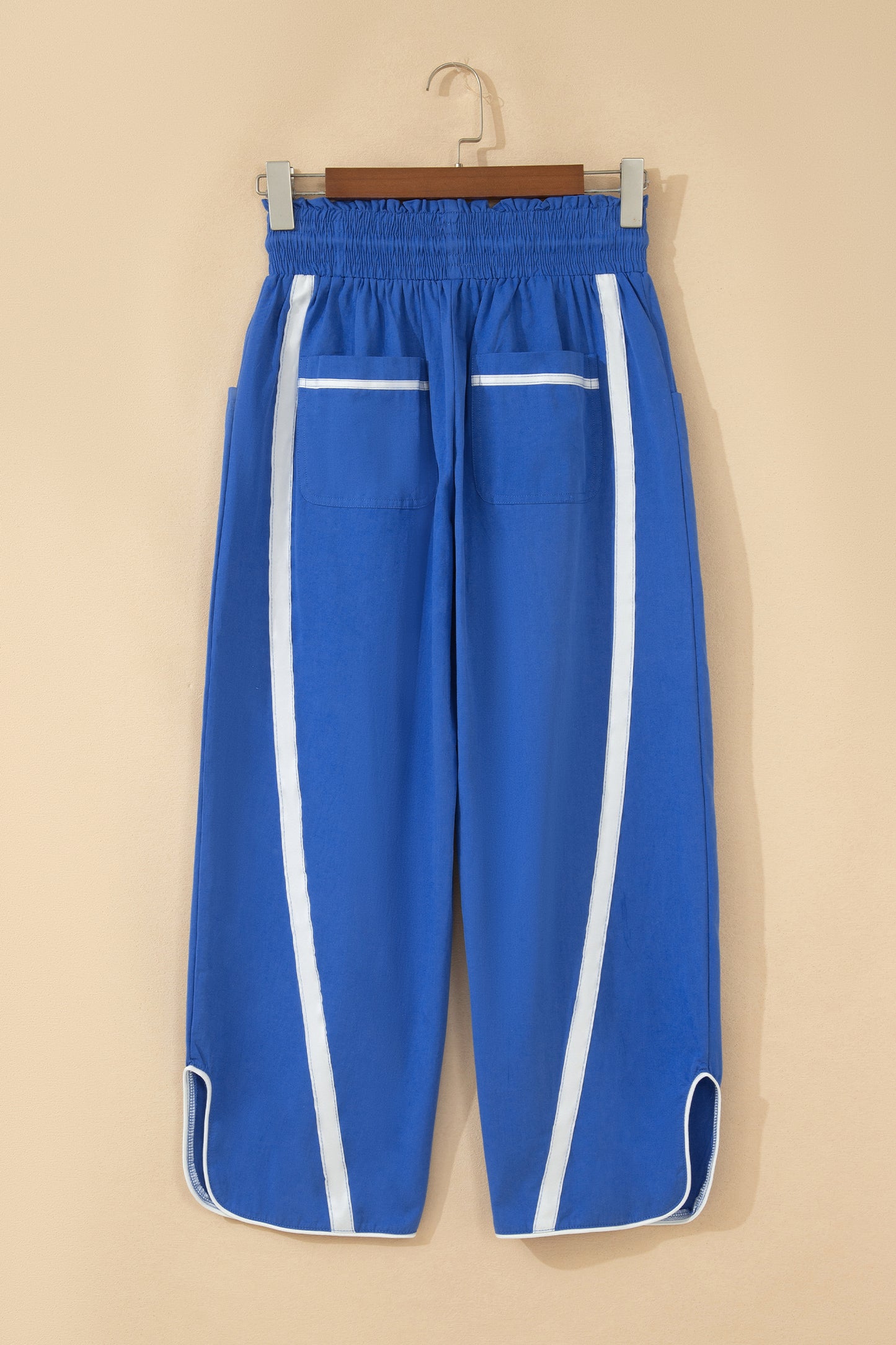 Dark Blue Contrast Striped Smocked Waist Drawstring Cropped Casual Pants