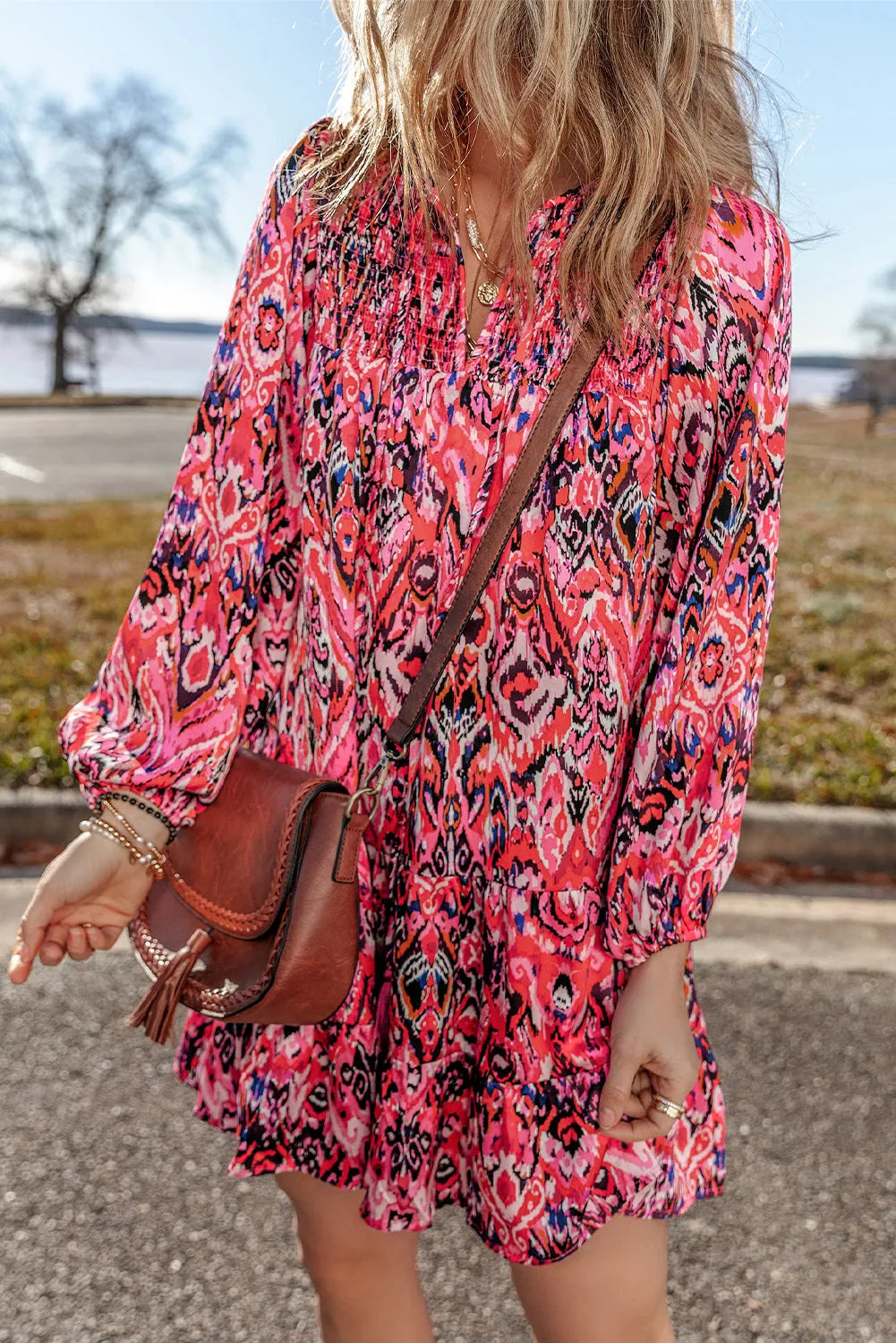 Rose Abstract Printed Tassel Tied Neck Long Sleeve Ruffled Mini Dress - Chic Meadow Boutique 