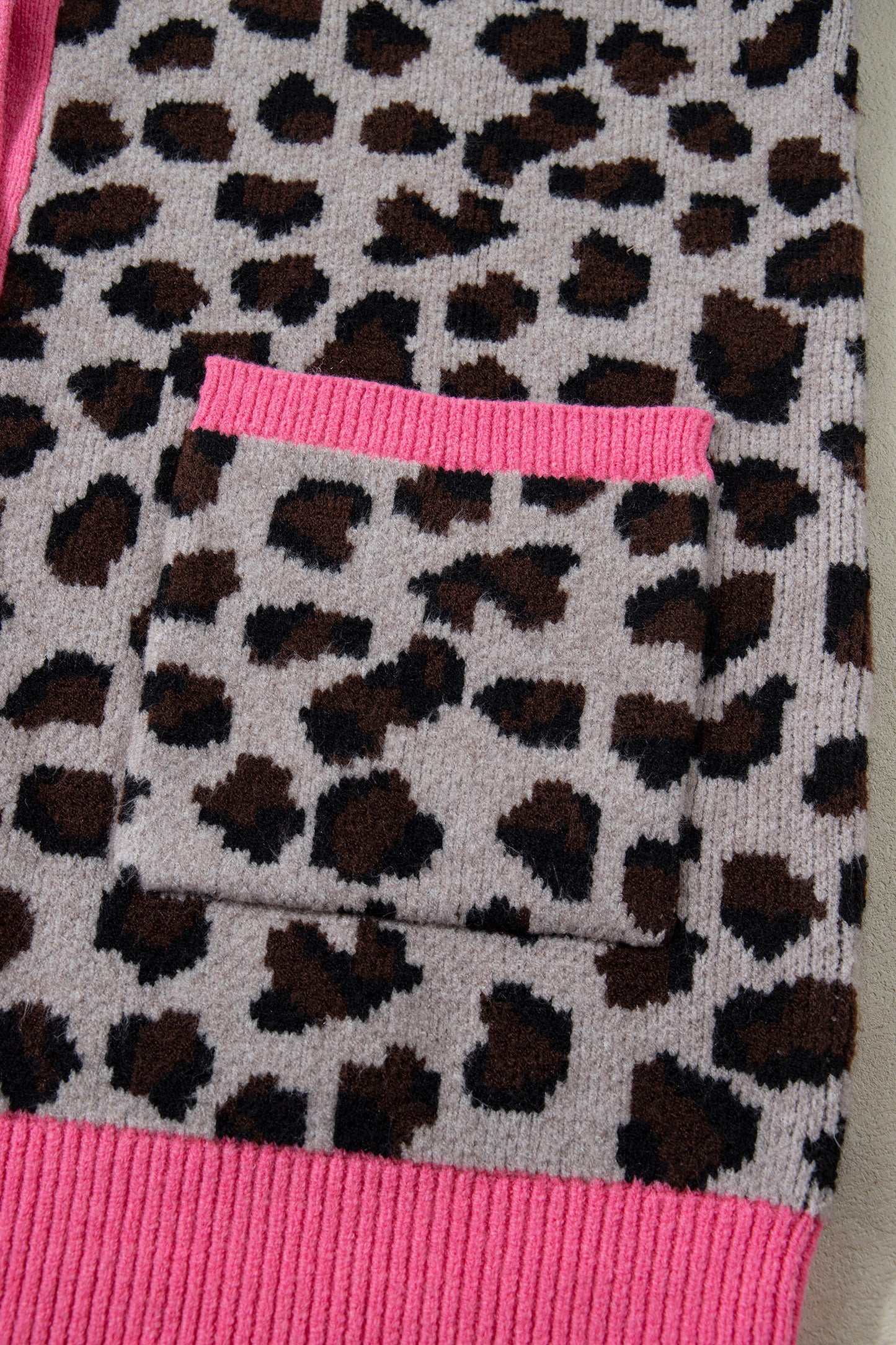 Khaki Oversize Color Block Trim Button Down Leopard Print Cardigan