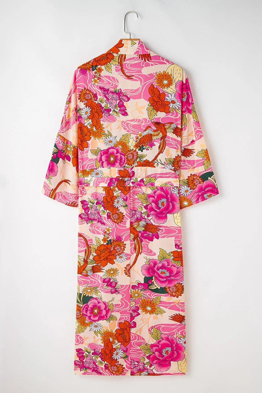 Outerwear/Kimonos Pink Floral Allover Print Open Front Belted Duster Kimono