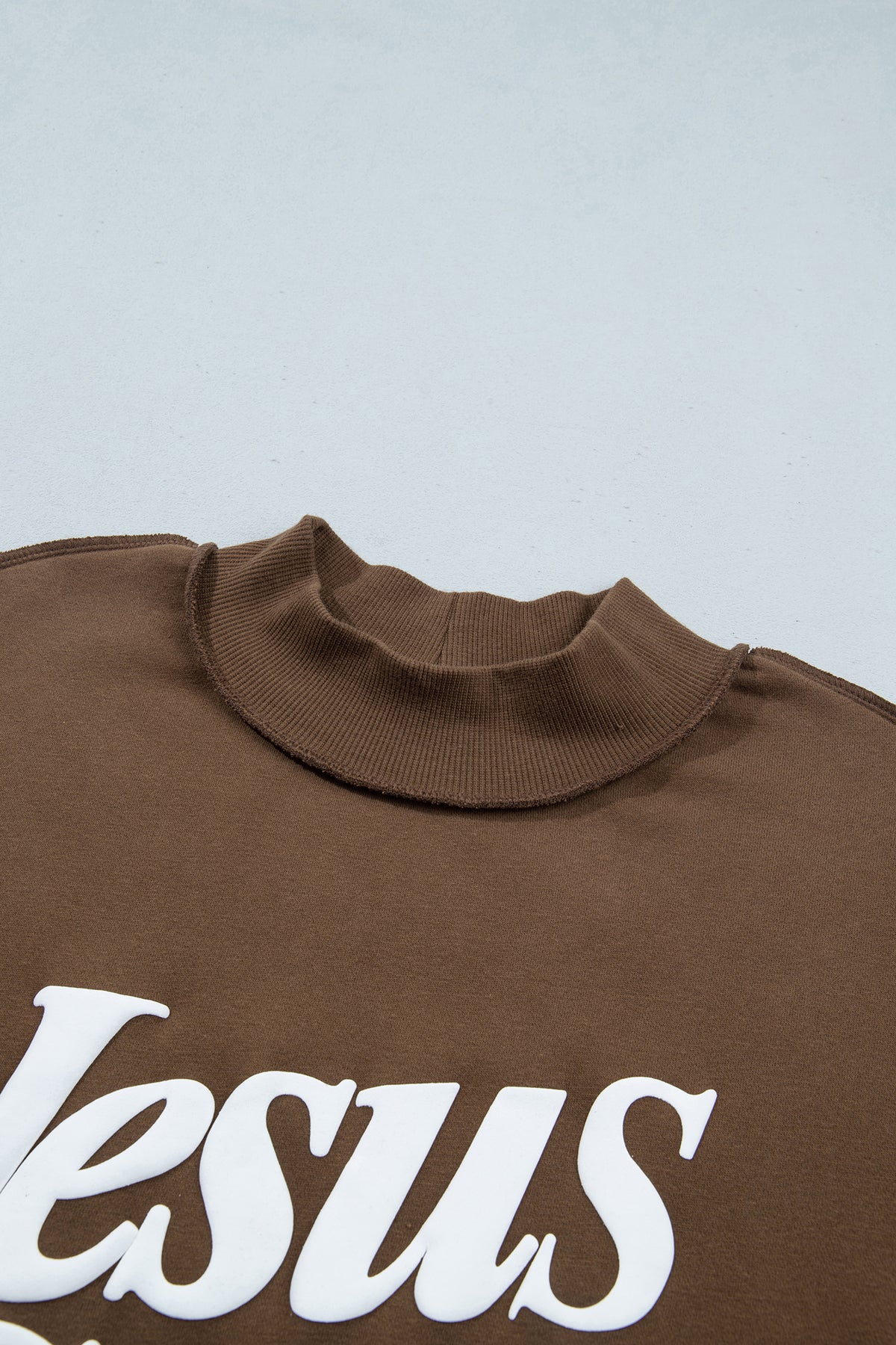 Dark Brown Jesus Saves Slogan Print Stand Neck Baggy Sweatshirt