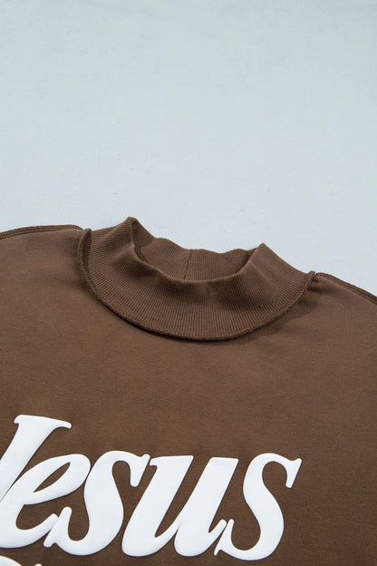 Dark Brown Jesus Saves Slogan Print Stand Neck Baggy Sweatshirt