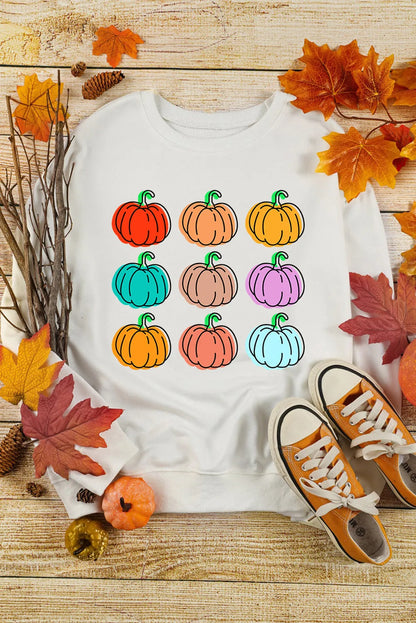 Beige Vibrant Pumpkins Print Crew Neck Halloween Sweatshirt - Chic Meadow Boutique 