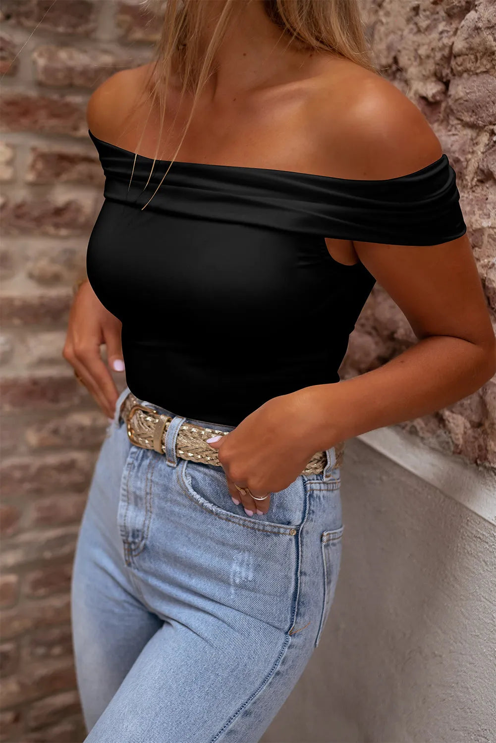 Black Folded Off Shoulder Slim Top - Chic Meadow Boutique 