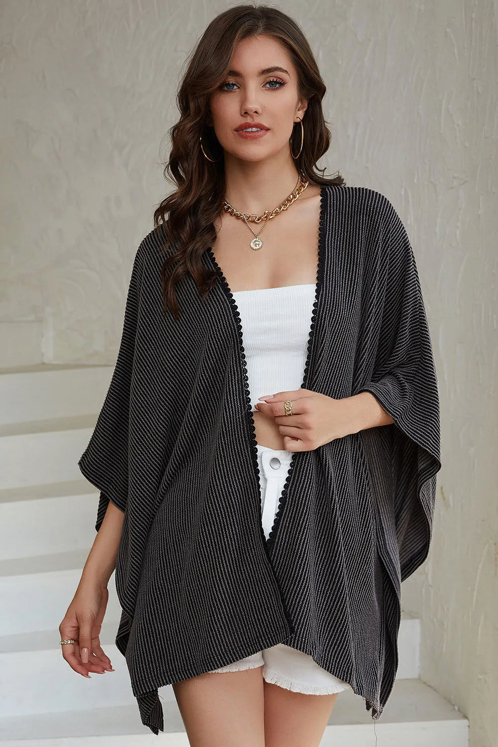 Black Lace Trim Ribbed Oversize Kimono - Chic Meadow Boutique 