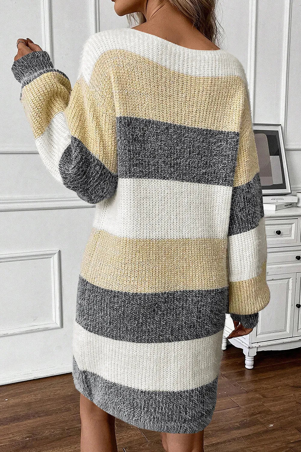 Gray Stripe Colorblock Bubble Sleeve Drop Shoulder Sweater Dress - Chic Meadow Boutique 