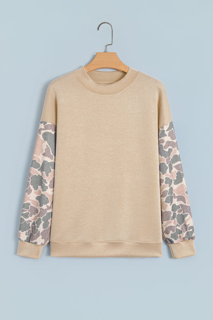 Beige Camouflage Sleeve Crewneck Baggy Pullover Sweatshirt