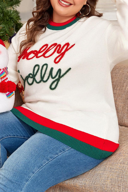 Plus Size/Plus Size Sweaters & Cardigans White Tinsel holly jolly Pattern Colorblock Edge Drop Shoulder Plus Size Sweater