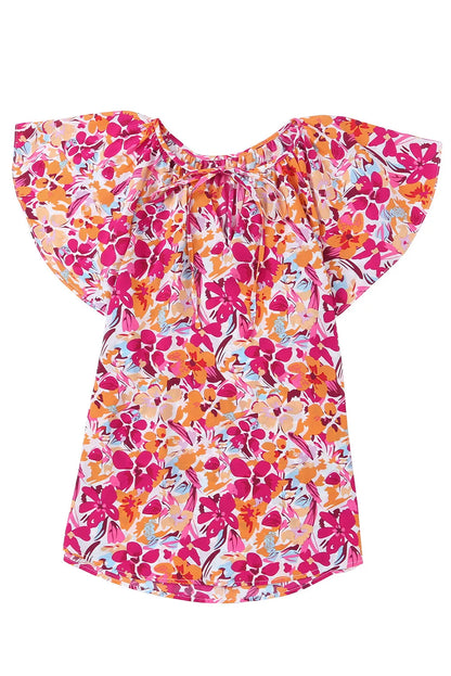 Fiery Red Flutter Sleeves Floral Print Top - Chic Meadow Boutique 