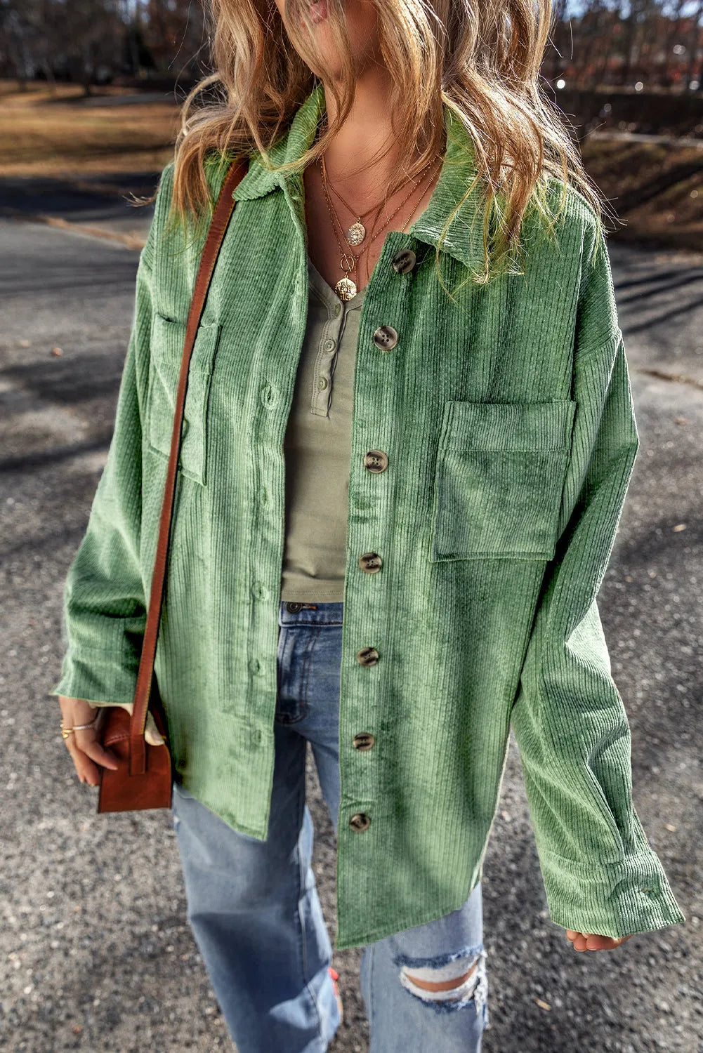 Mist Green Patched Pocket Button Up Corduroy Shacket - Chic Meadow Boutique 