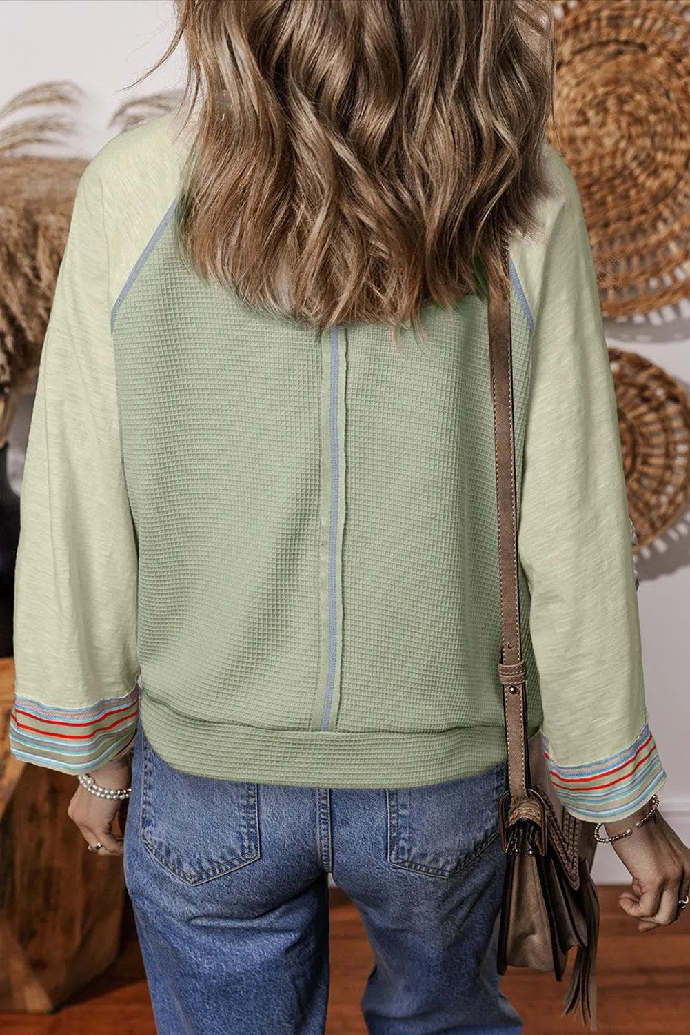 Tops/Long Sleeve Tops Meadow Mist Green Waffle Knit Wide Bracelet Sleeve Patchwork Raglan Top