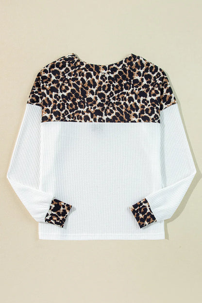 White Leopard Waffle Knit Patchwork Button V Neck Top - Chic Meadow Boutique 