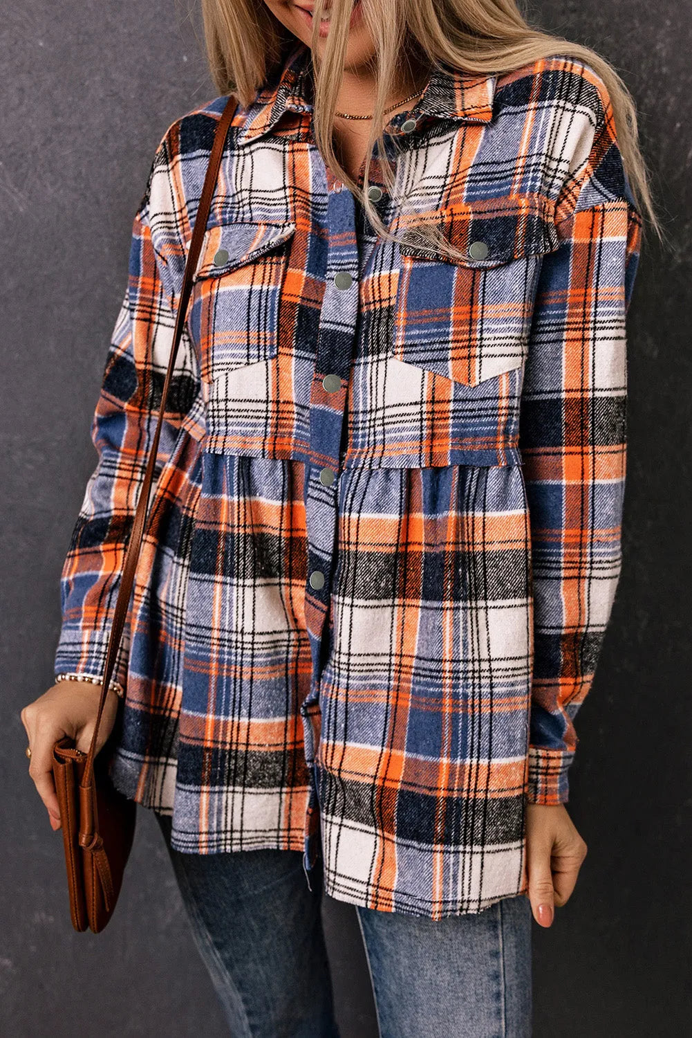 Outerwear/Plaid Shackets Multicolor Plaid Button Down Ruffled Shirt Jacket