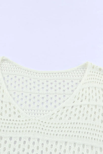 White Hollow Out Crochet V Neck Pullover Sweater - Chic Meadow Boutique 