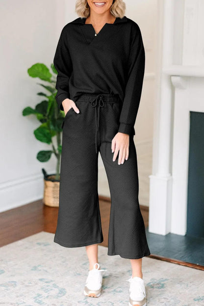 Two Piece Sets/Pant Sets Black / S / 95%Polyester+5%Elastane Black Solid Textured Collared V Neck Top and Wide Leg Pants Set