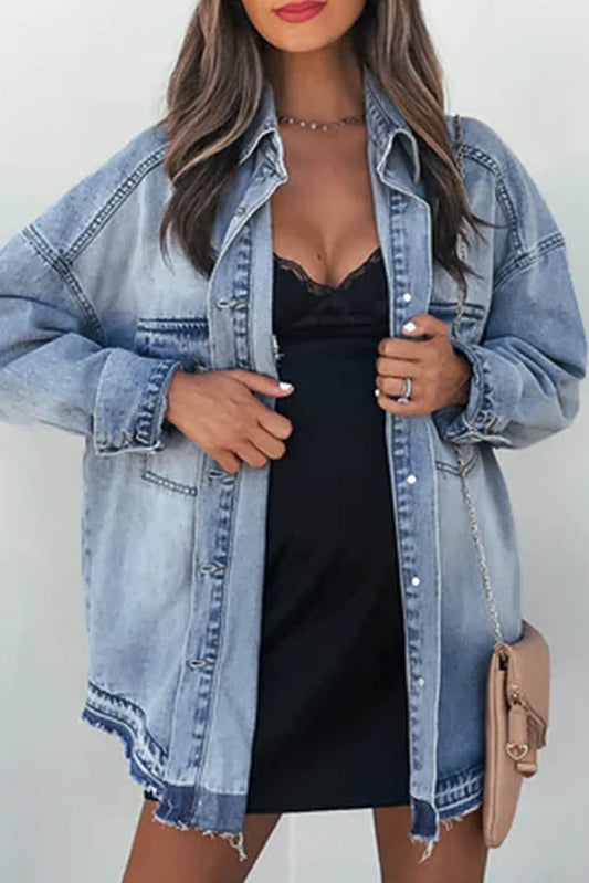 Sky Blue Flap Pocket Buttoned Oversized Denim Jacket - Chic Meadow Boutique 