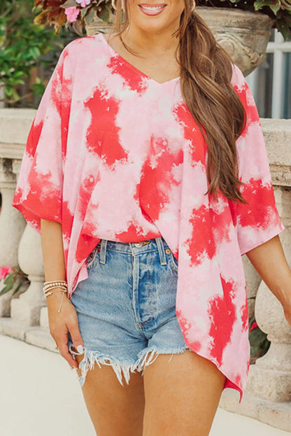 Red Plus Size Tie-dye Print 3/4 Sleeve Tunic Top - Chic Meadow Boutique 