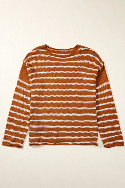 Brown Stripe Drop Shoulder Casual Sweater - Chic Meadow Boutique 