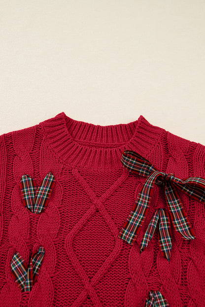 Fiery Red Plaid Lace up Detail Christmas Holiday Puff Short Sleeve Sweater