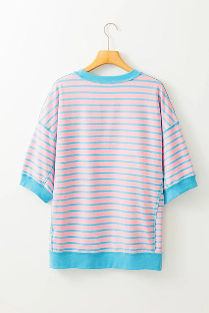 Pink Stripe Oversized Contrast Trim Exposed Seam High Low T Shirt - Chic Meadow Boutique 