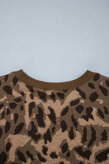 Brown Leopard Print Striped Detail Relaxed Pullover Sweatshirt