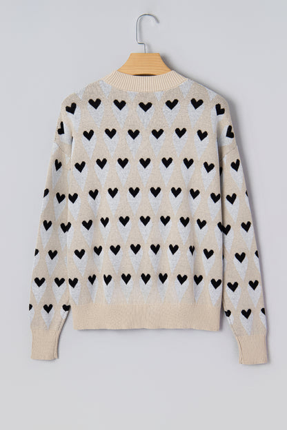 Parchment Geometric Heart Print Ribbed Trim Loose Sweater