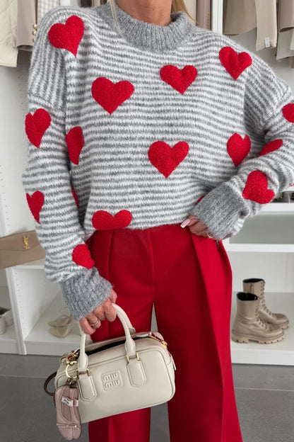 Gray Stripe Contrast Heart Pattern Valentine Knit Sweater