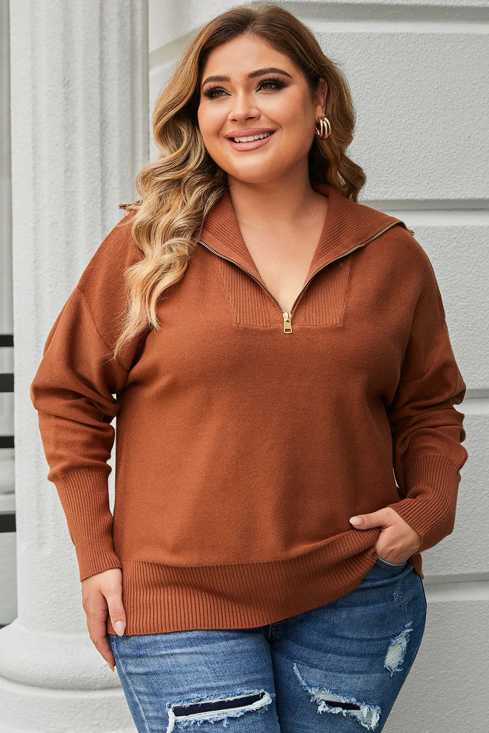 Brown Solid Ribbed Trim Plus Size Zip Collar Sweater - Chic Meadow Boutique 