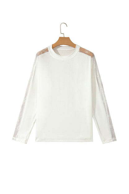 White Lace Patchwork Round Neck Casual Long Sleeve Top