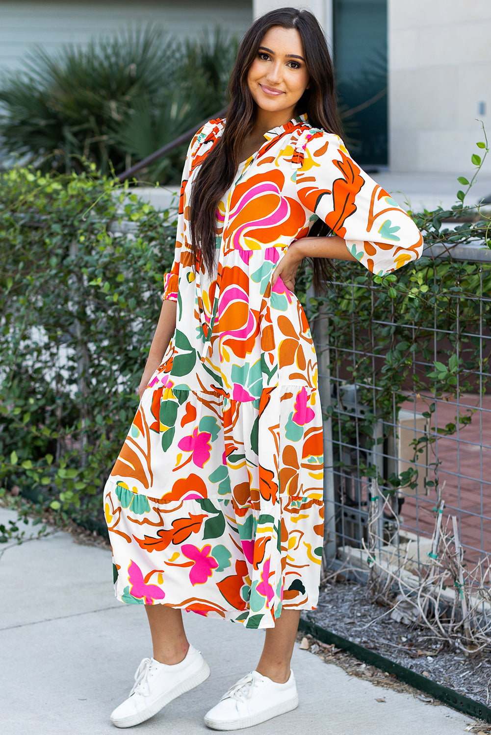 Orange Floral Print Split V Neck Tiered Maxi Dress