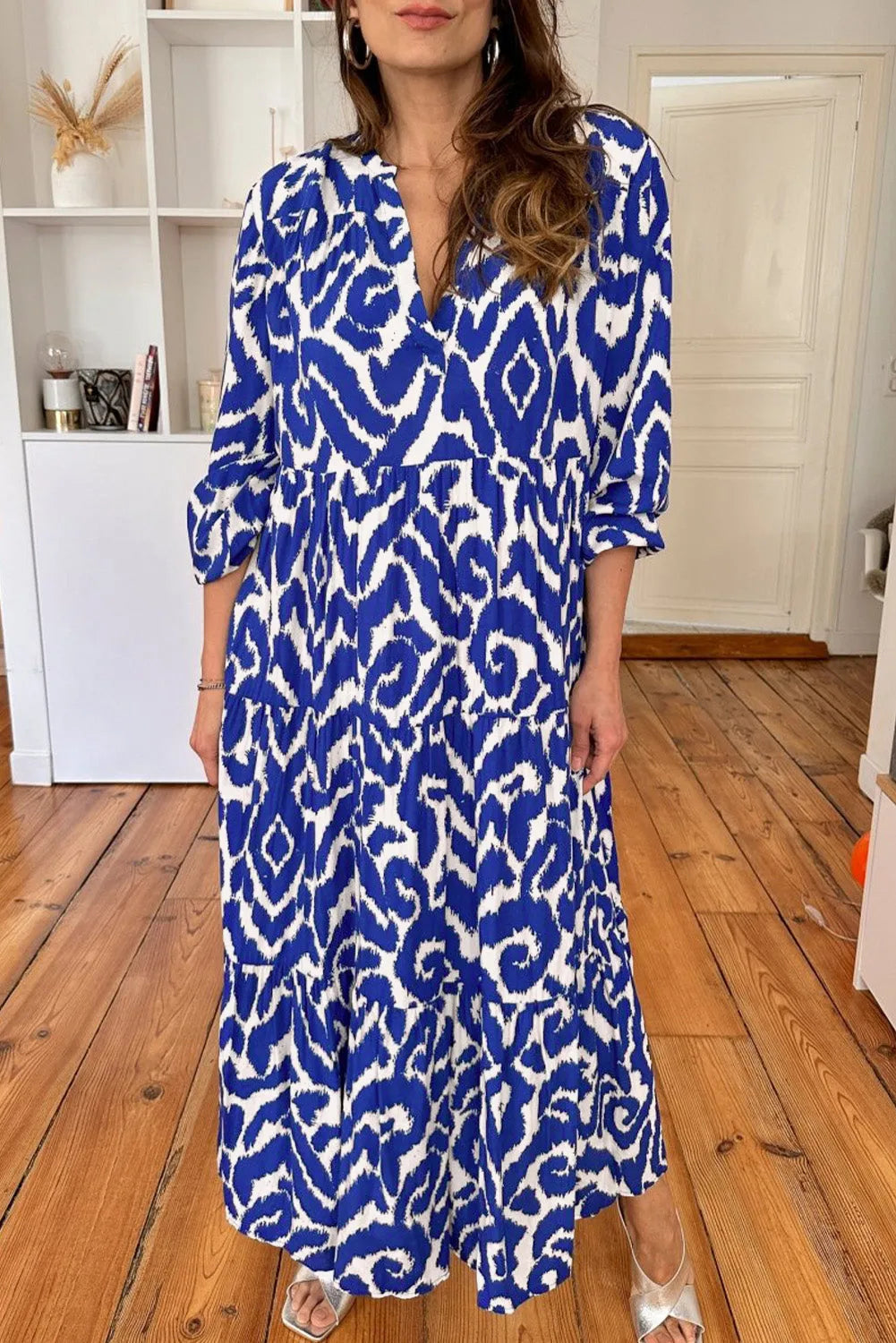 Blue Western Abstract Geometric Printed Maxi Dress - Chic Meadow Boutique 