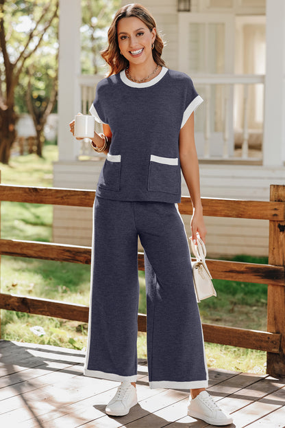 Navy Blue Color Block Pocketed T Shirt and Wide Leg Pants Set