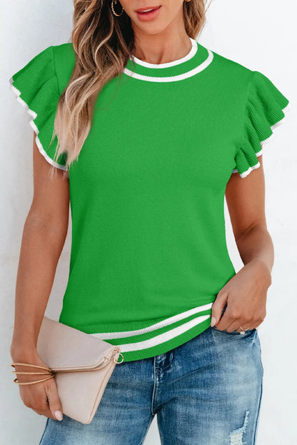 Bright Green Edge Piping Ruffled Sleeve Round Neck Knit T Shirt - Chic Meadow Boutique 