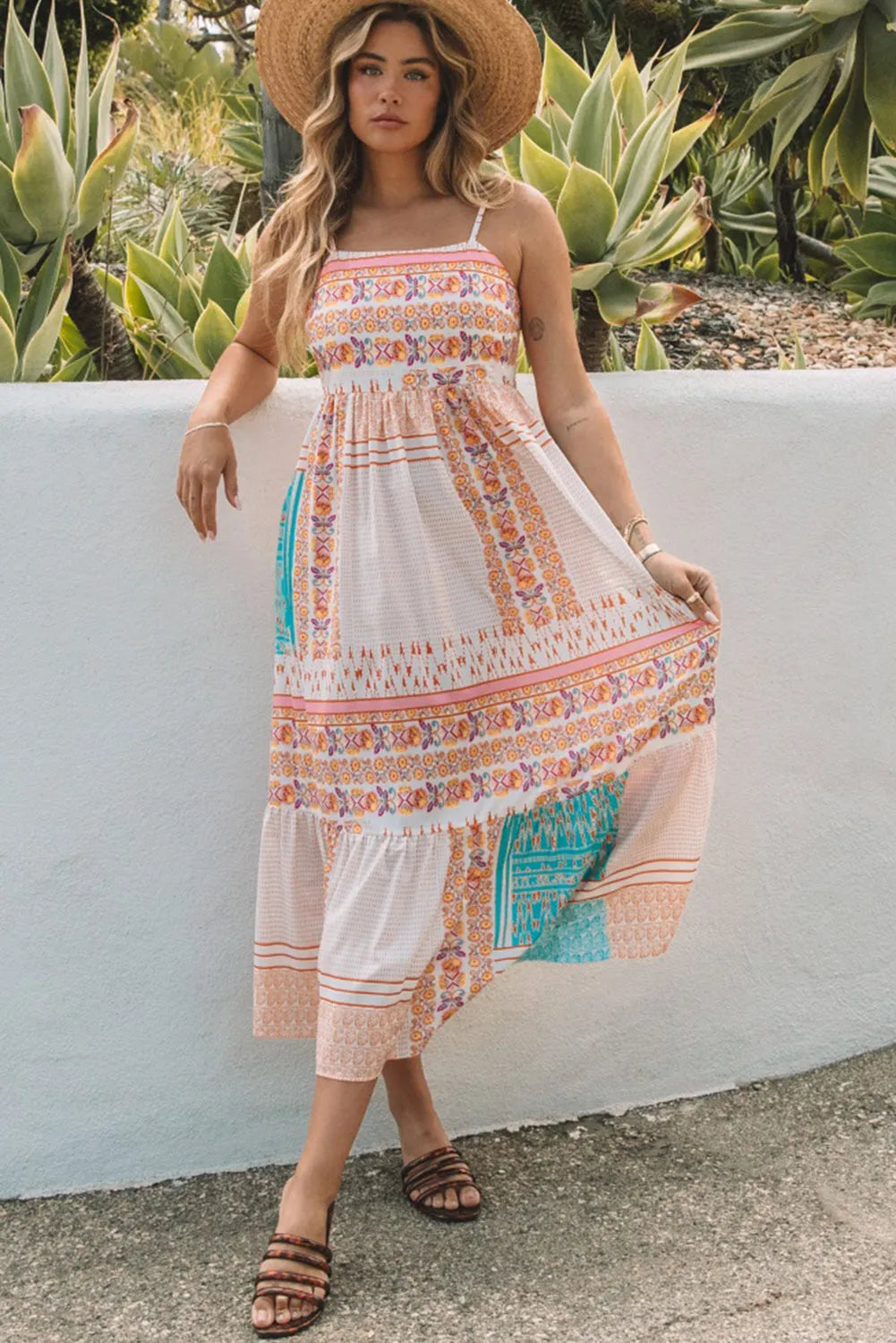 Multicolor Boho Patchwork Print Square Neck Sundress - Chic Meadow Boutique 