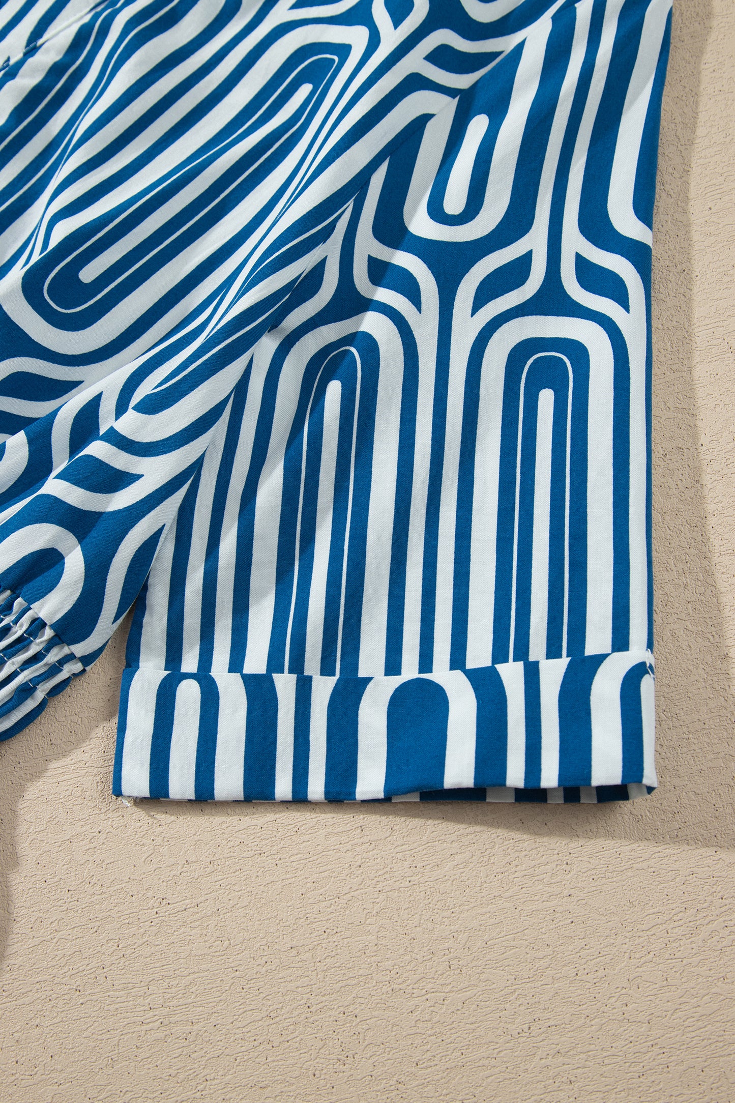 Blue Geometric Print Short Sleeve Drawstring Shirt Collar Dress