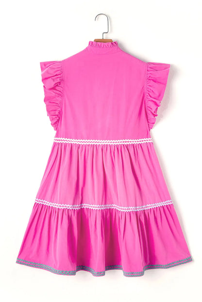 Strawberry Pink Ric Rac Colorblock Flutter Sleeve V Neck Tiered Dress - Chic Meadow Boutique 