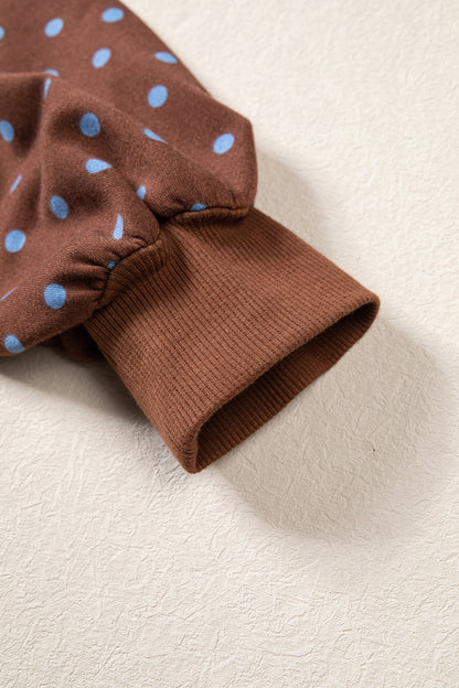 Brown Polka Dot Drawstring Wide Leg Long Sleeve Top Pant Set