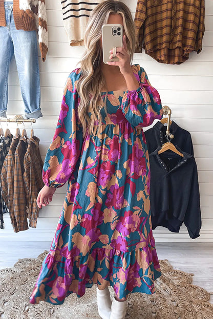 Multicolour Floral Print Square Neck Ruffled High Waist Dress - Chic Meadow Boutique 