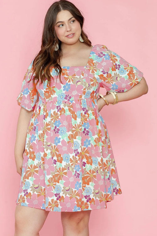 Plus Size/Plus Size Dresses/Plus Size Mini Dresses Multicolour / 1X / 100%Polyester Multicolour Floral Puff Sleeve Square Neck Plus Babydoll Dress