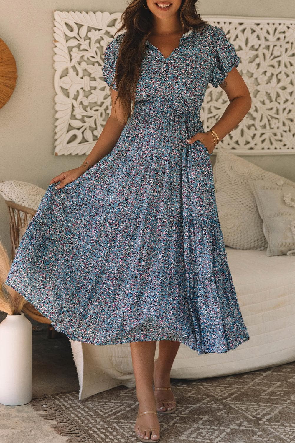 Dresses/Maxi Dresses Blue Printed V Neck Shirred Short Puff Sleeve Maxi Dress