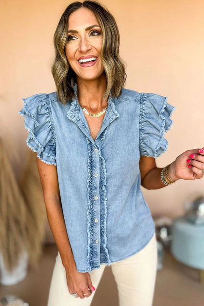 Beau Blue Button Front Ruffled Flutter Frayed Denim Top - Chic Meadow Boutique 